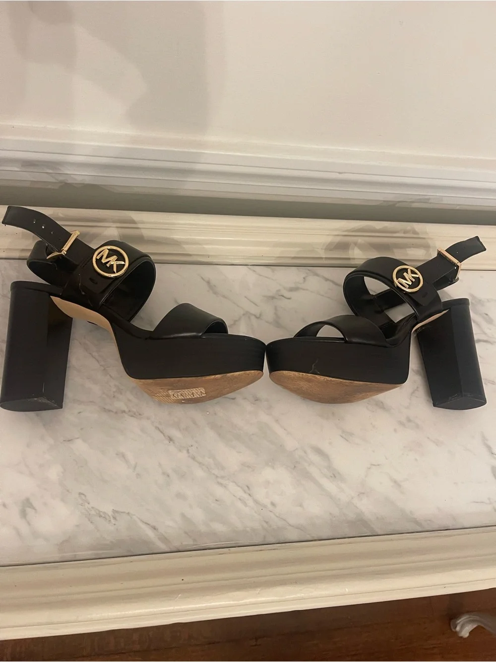 Michael Kors Black Platform Block Heel Sandals with Gold MK Accent